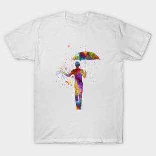 woman holding umbrella gesture silhouette in watercolor T-Shirt